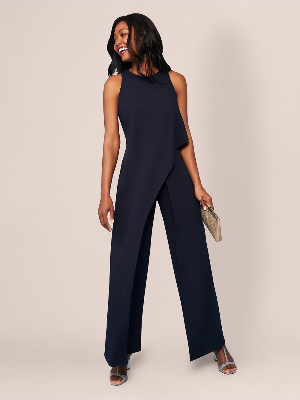 Sleeveless Navy Asymmetric Overlay Jumpsuit